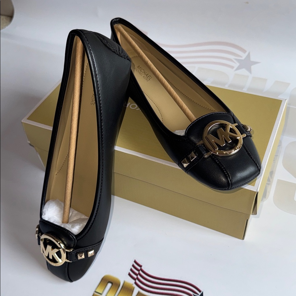 Michael Kors Fulton Moc Black Flats Faux Leather with Gold Accents with Box
